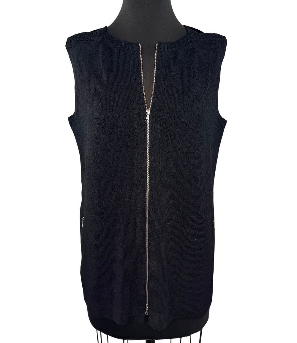 Barbara Wells Black Sweater Ribbed Knit Sleeveless Full Zip Size Large L USA